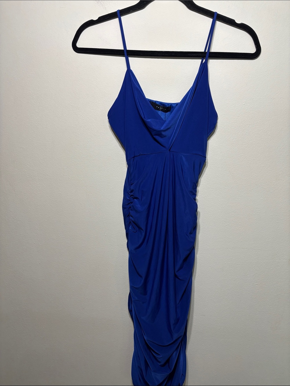 Royal Blue Strapless Cowl Ruched Midi Dress